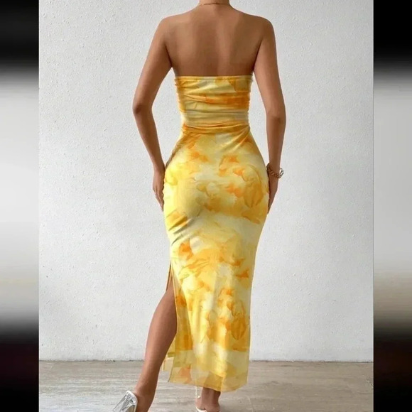 Ladies' Tie Dye Strapless Dress With Side Slit Hem - Picture 2 of 6